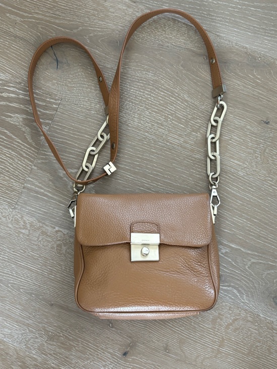 Dkny Handbags - DKNY Tan Pebbled Leather Crossbody with Chain-Detail Strap
